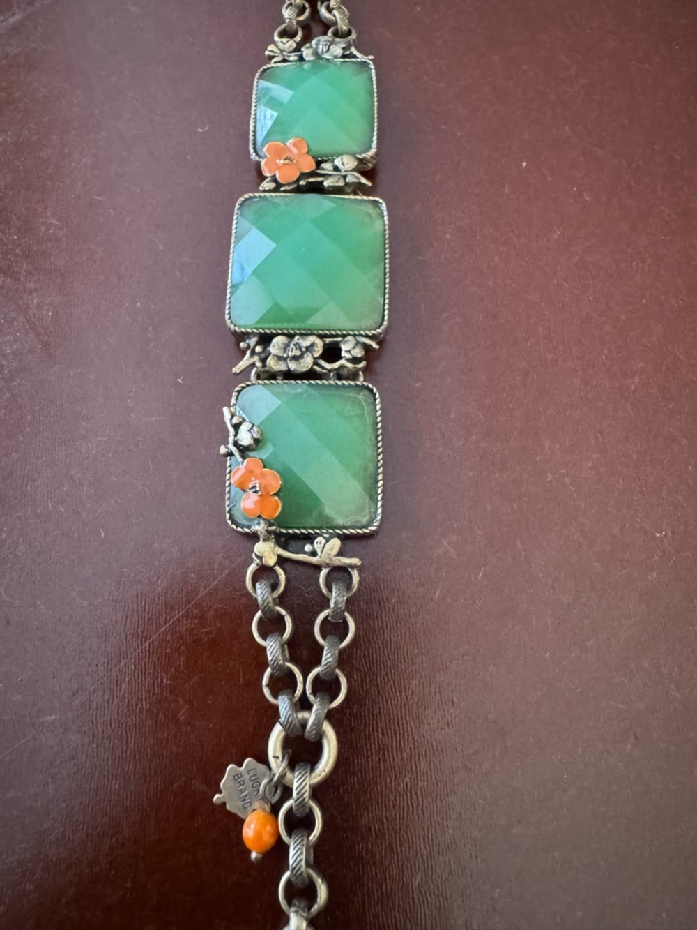 Vintage Lucky Brand Green Faceted Stone & Orange Flower Gold Tone Bracelet - Picture 4 of 11